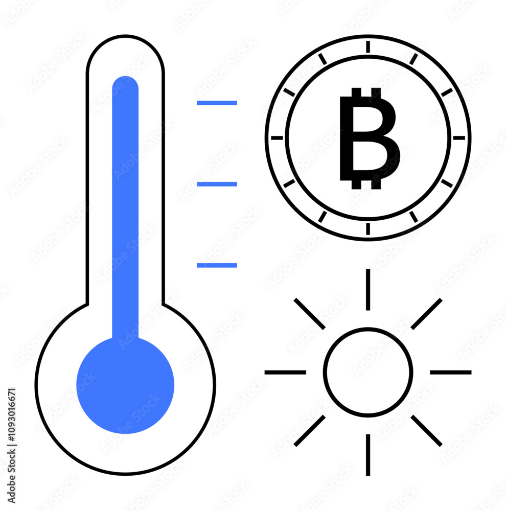 Thermometer illustrating temperature rise, Bitcoin symbol, and sun icon representing energy usage and efficiency. Ideal for cryptocurrency, blockchain, finance, renewable energy, temperature Thermometer illustrating temperature rise, Bitcoin symbol, and sun icon representing energy usage and efficiency. Ideal for cryptocurrency, blockchain, finance, renewable energy, temperature