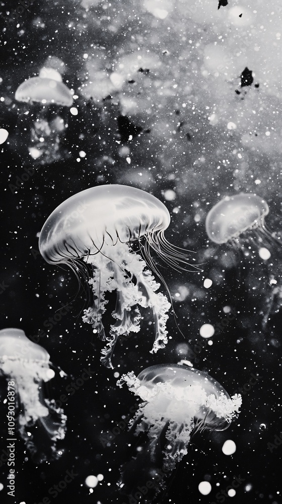 Black and White Jellyfish floating gracefully underwater scene nature photography Black and White Jellyfish floating gracefully underwater scene nature photography