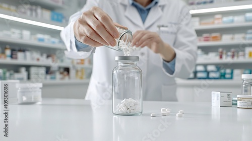 Pharmacist Meticulously Dispensing Precise Dosage of Medication into a Glass Prescription Bottle Catering to the Individual Patient s Healthcare Needs in a Clean Modern Pharmacy Interior photo