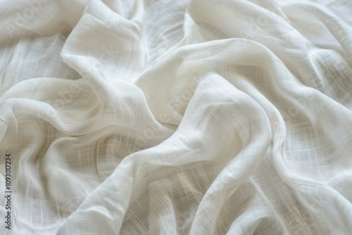 Soft, flowing offwhite fabric with a subtle grid pattern, creating a delicate and elegant texture.