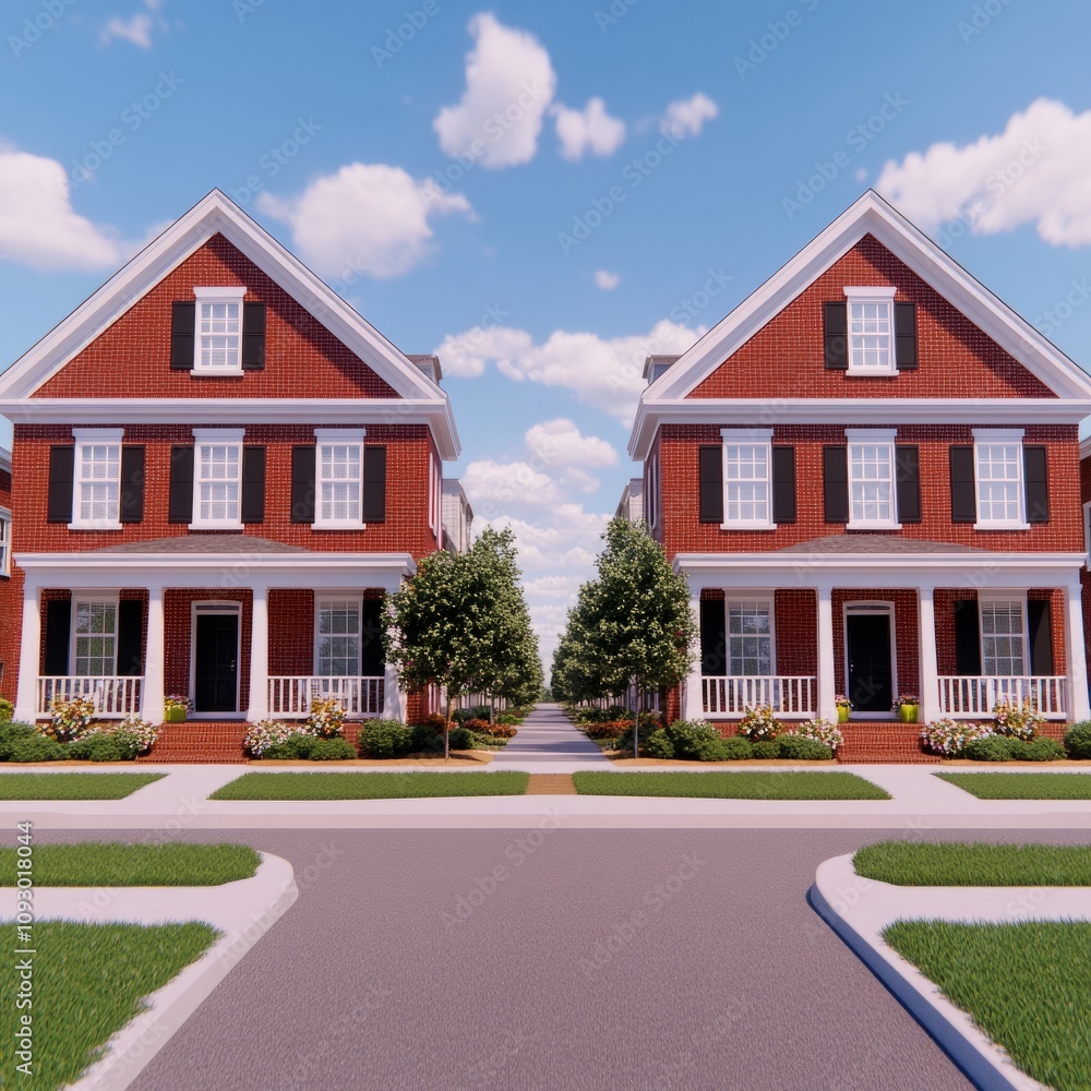 Two identical red brick houses on a sunny street. Two identical red brick houses on a sunny street.