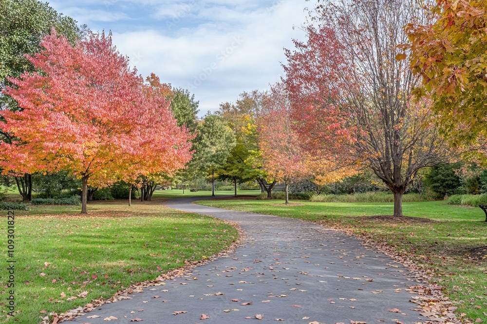 Fototapeta premium Red Maple Trees in Autumn with Fallen Leaves and Vibrant Foliage. AI generated illustration