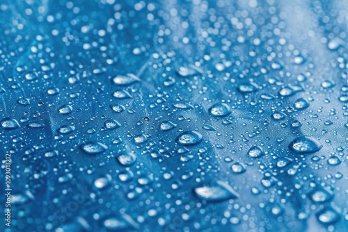 Closeup of water droplets on a vibrant blue surface, showcasing texture and reflection.