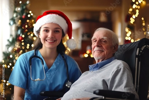 Festive nurse wearing a Santa hat next to an elderly man in a wheelchair, with Christmas decor in a cozy nursing home. Great for holiday healthcare and senior care visuals.