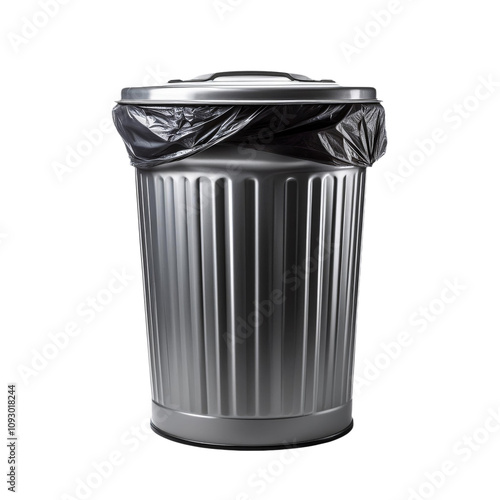 Stainless steel trash can with black garbage bag, isolated transparent background image