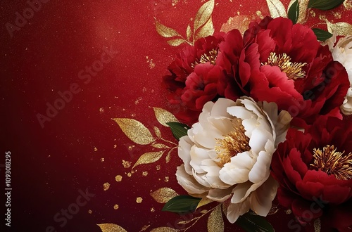 peony flowers on dark red background with golden glitter photo