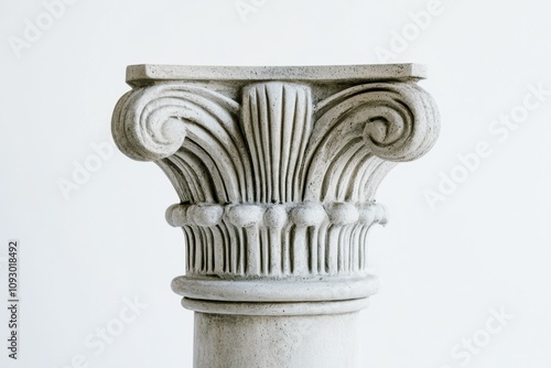 Elegant Ionic Column Capital with Intricate Scroll Details on a White Background, Highlighting Classical Architectural Design and Ancient Greek Style photo