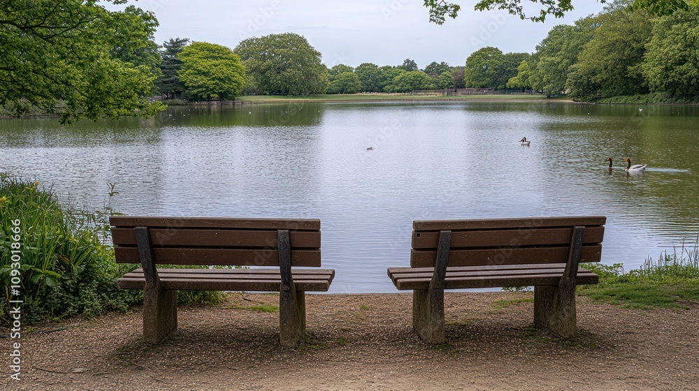 Two park benches overlook a tranquil lake and trees Two park benches overlook a tranquil lake and trees