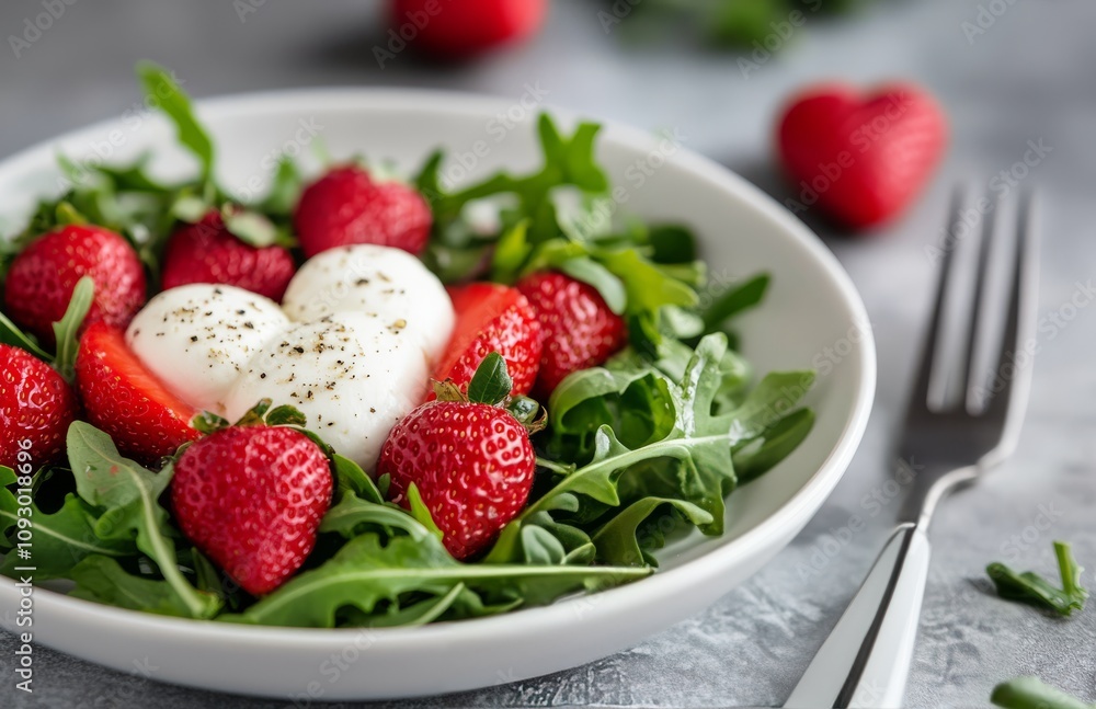 Fresh salad with strawberries and cheese arranged in heart shape on a gray table Fresh salad with strawberries and cheese arranged in heart shape on a gray table