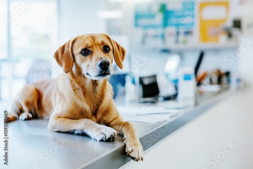 friendly brown dog sitting on examination table in a veterinary clinic, professional pet care and veterinary services advertisement