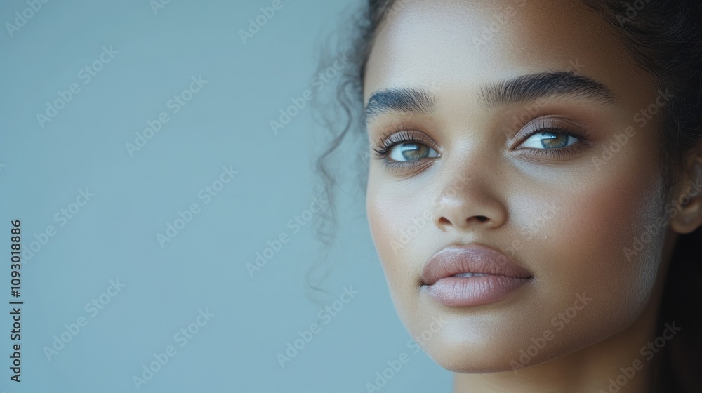 Close-up portrait of a young woman with natural makeup and soft lighting. Close-up portrait of a young woman with natural makeup and soft lighting.
