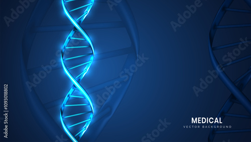 Abstract science or medicine background with DNA stand on it. Close-up double helix in light blue. Biotechnology, biology, and science concepts. Futuristic tech background vector illustration.