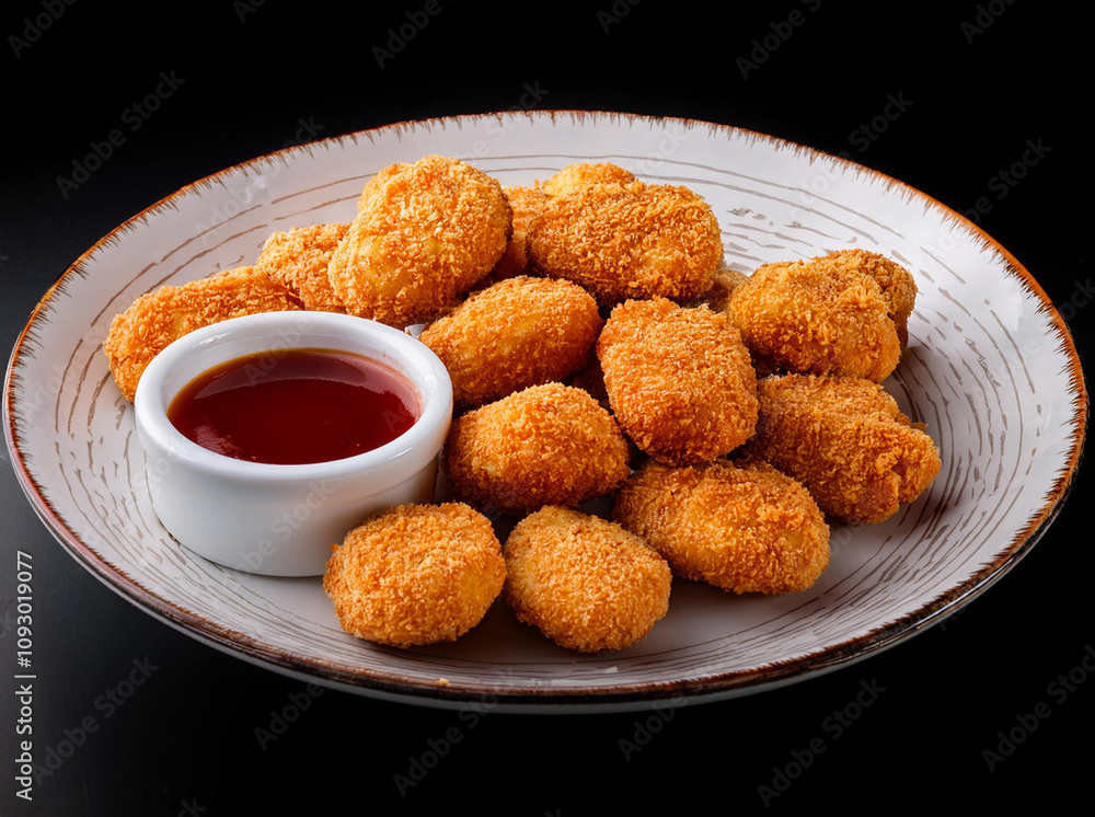 chicken nuggets on white plate. with a bowl of oyster sauce. isolated on black background. chicken nuggets on white plate. with a bowl of oyster sauce. isolated on black background.
