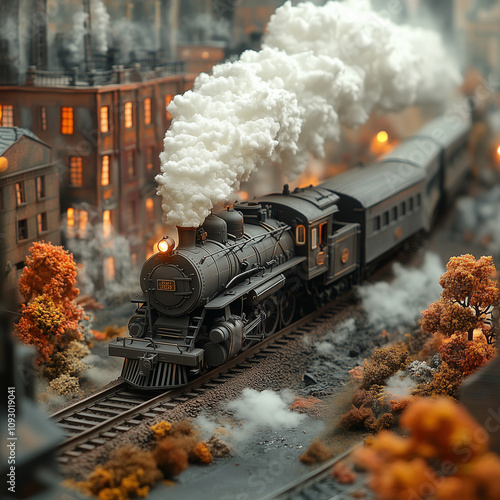 A train is traveling down a track with smoke coming out of the engine. The train is surrounded by buildings and trees, giving the scene a nostalgic and somewhat eerie feel photo