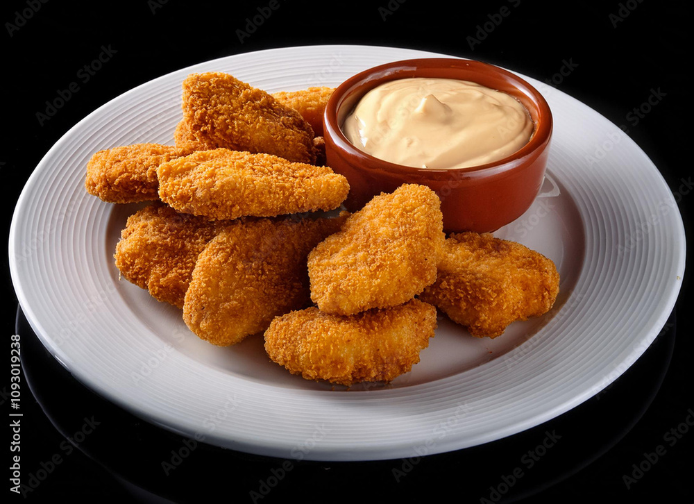 chicken nuggets on white plate. with a bowl of mayonnaise. isolated on black background. chicken nuggets on white plate. with a bowl of mayonnaise. isolated on black background.