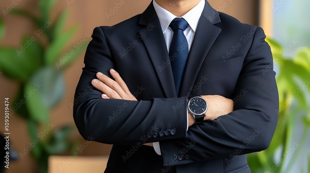 Confident Businessman Standing in Office with Crossed Arms Confident Businessman Standing in Office with Crossed Arms