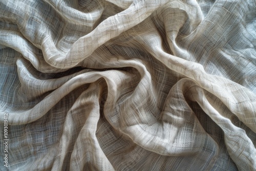 Draped beige fabric with a subtle grid pattern, showcasing texture and soft folds.