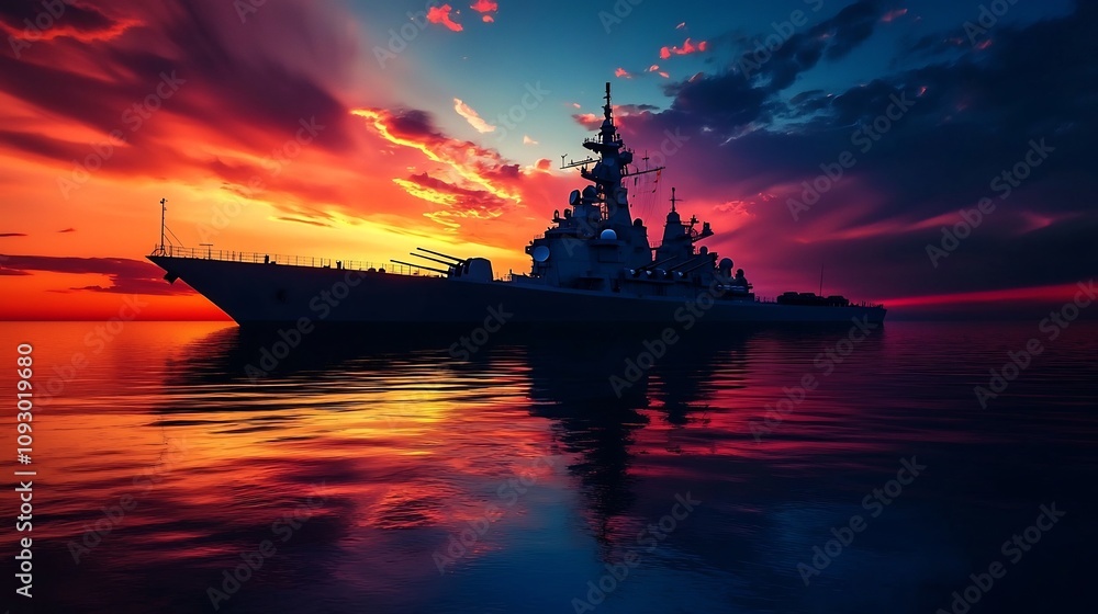 Dramatic silhouette of a powerful warship or naval vessel dramatically silhouetted against a fiery vibrant sunset sky with the ocean surface reflecting the vivid hues of the dusk scene Dramatic silhouette of a powerful warship or naval vessel dramatically silhouetted against a fiery vibrant sunset sky with the ocean surface reflecting the vivid hues of the dusk scene