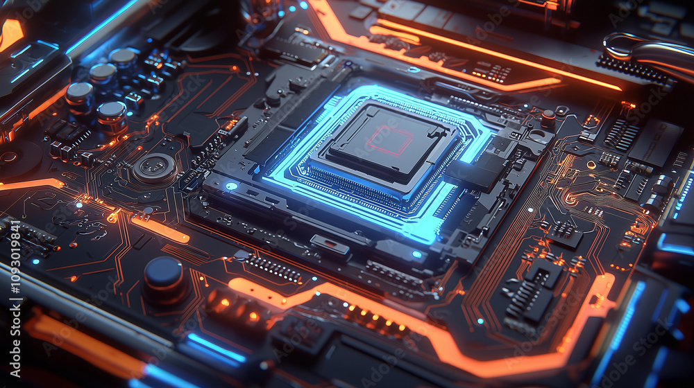 Glowing circuit board with processor in the center.. Glowing circuit board with processor in the center..