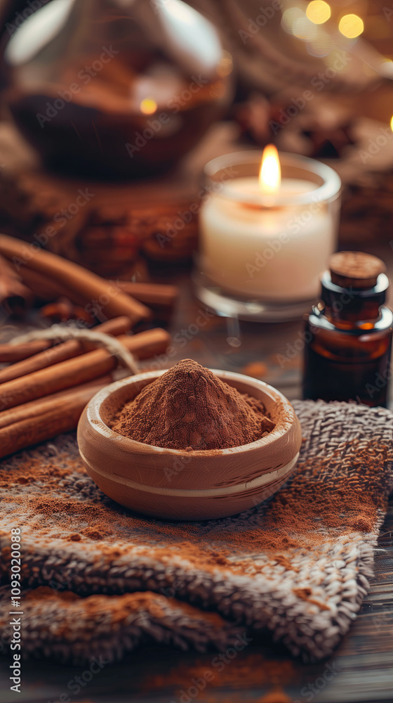 Cozy Luxury Scene Featuring Cinnamon Extract in a Glass Bottle with Fresh Cinnamon Sticks and Soft Background Lighting Cozy Luxury Scene Featuring Cinnamon Extract in a Glass Bottle with Fresh Cinnamon Sticks and Soft Background Lighting