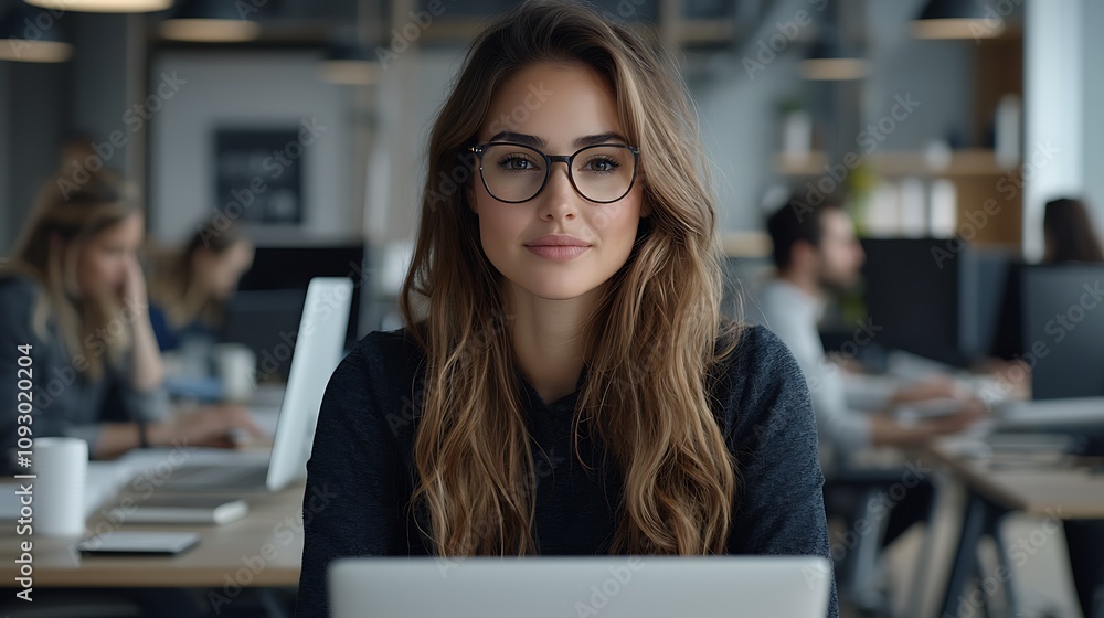 A newly hired employee sitting at their desk in a bright, open-plan office, surrounded by colleagues working on computers. The employee looks focused and optimistic, exuding confidence as they A newly hired employee sitting at their desk in a bright, open-plan office, surrounded by colleagues working on computers. The employee looks focused and optimistic, exuding confidence as they