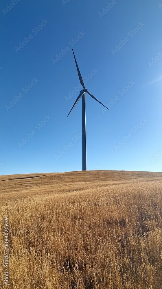 Wind turbine on dry grassland with clear blue sky Wind turbine on dry grassland with clear blue sky