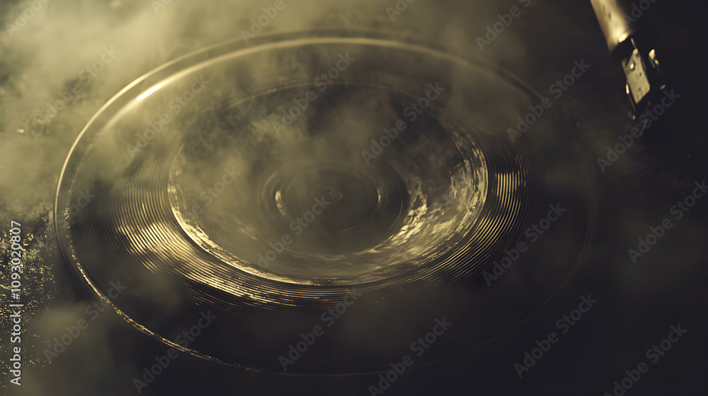 Abstract close-up of a dark metallic surface with concentric circles and steam, creating a mysterious and moody atmosphere. Abstract close-up of a dark metallic surface with concentric circles and steam, creating a mysterious and moody atmosphere.