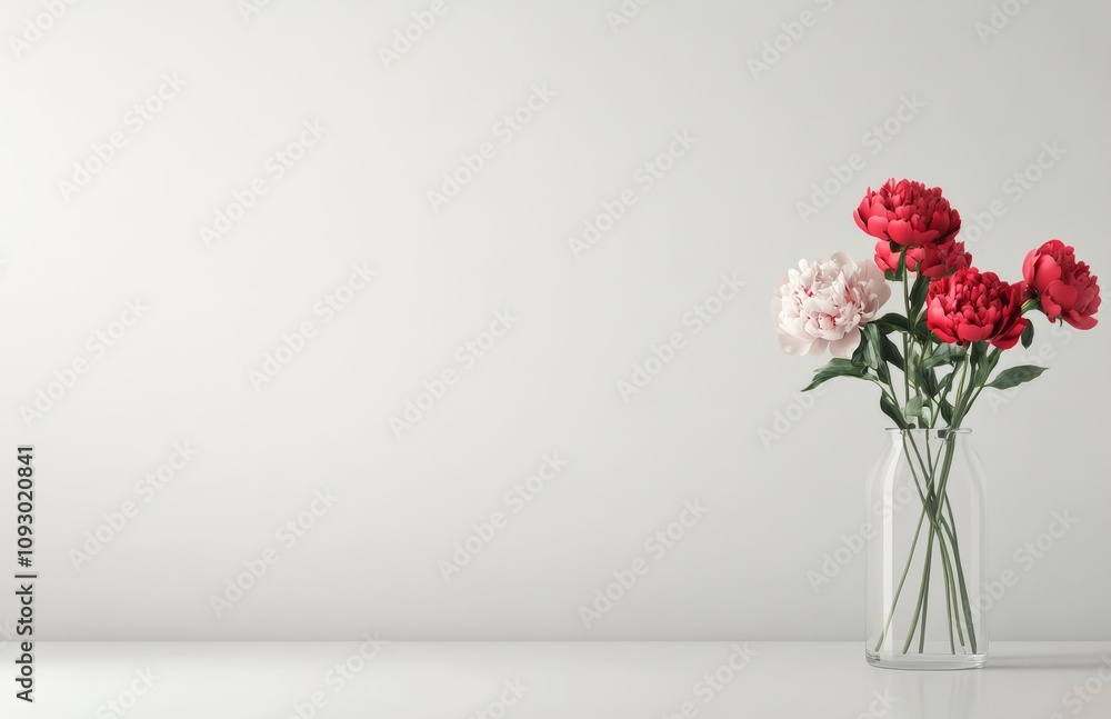 Bright peonies in a clear vase on a minimalistic white table against a light background Bright peonies in a clear vase on a minimalistic white table against a light background