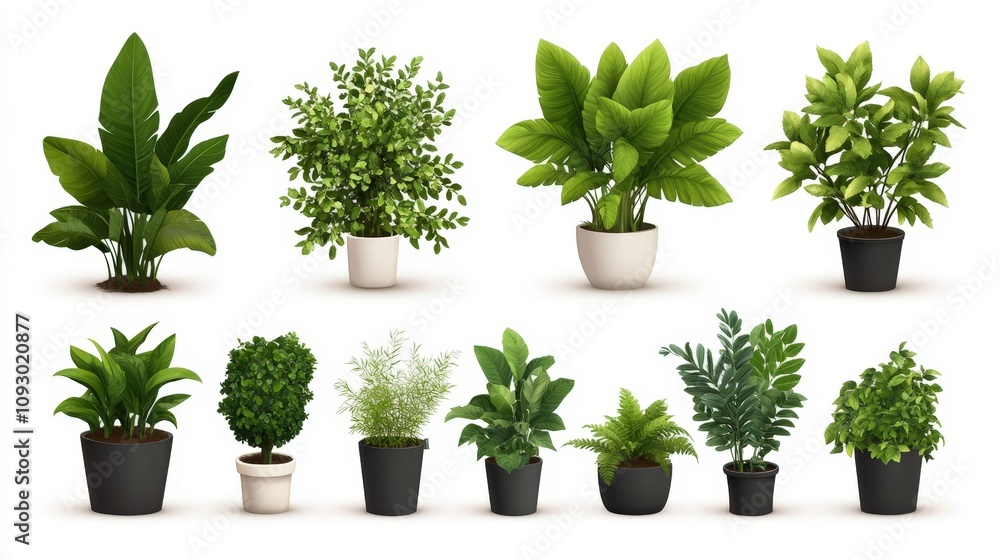 Fototapeta premium A collection of vibrant indoor plants in various pots, perfect for enhancing interior spaces, Ideal for use in home decor, gardening blogs, or as visual content for nurseries and plant shops,