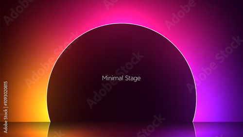 Geometric silhouette surrounded by mysterious neon light. Black hole with ambiance light effect. 3d render illustration of dark black square and circle against a radiant vibrant gradient backdrop. 