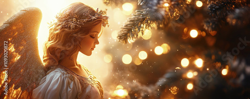 Christmas banner, a young woman angel stands humbly with her head bowed in the rays of golden light. Copy space. 