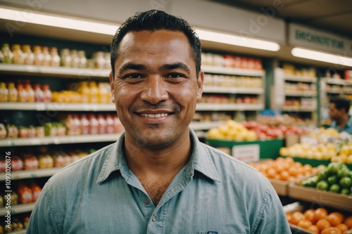 Close portrait of a smiling 40s Samoan male grocer standing and looking at the camera, Samoan grocery store blurred background