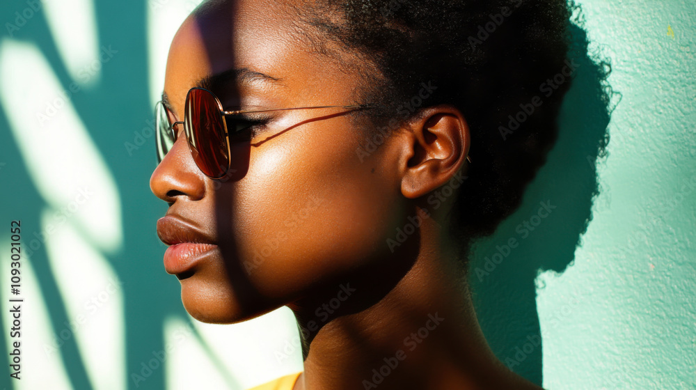 A woman with sunglasses leans against a colorful wall while basking in the warm sunlight during a bright afternoon A woman with sunglasses leans against a colorful wall while basking in the warm sunlight during a bright afternoon