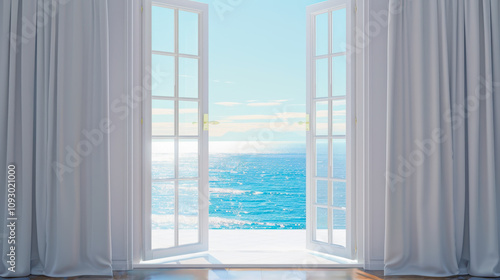 Room open door to the sea beach. Summer holiday vacation travel.