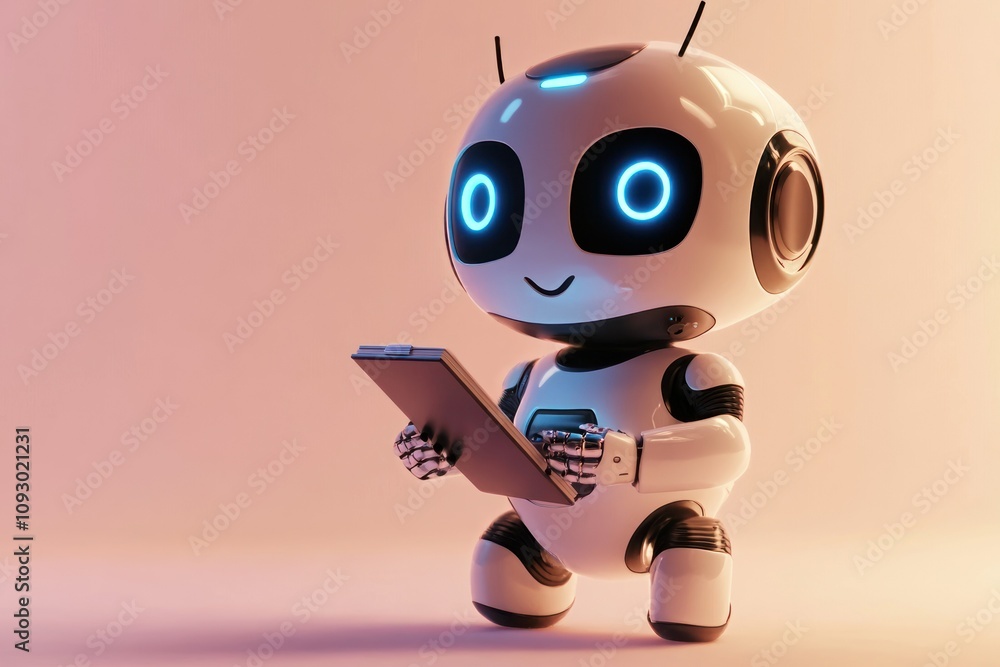 Small futuristic robot holding a book, glowing with blue light and expressing a friendly, curious demeanor Small futuristic robot holding a book, glowing with blue light and expressing a friendly, curious demeanor