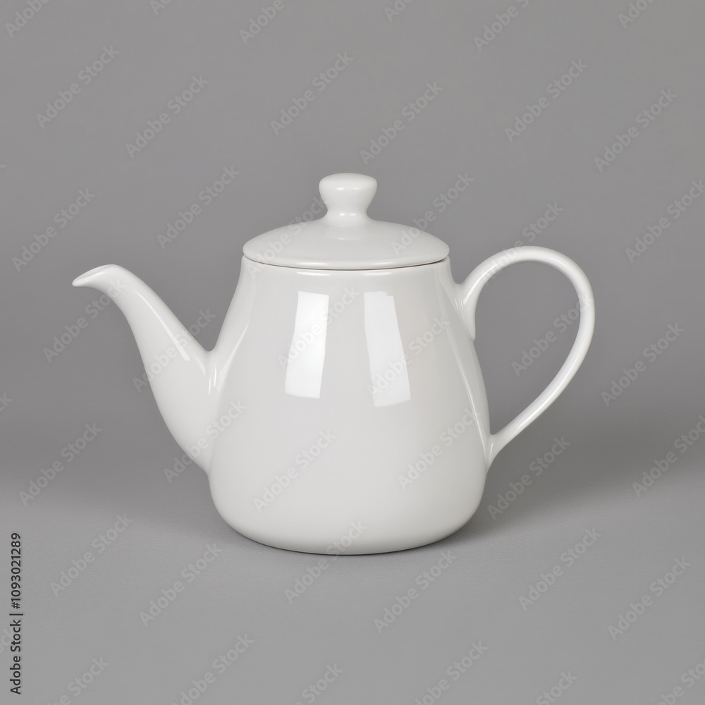 White porcelain teapot with lid and handle, isolated on gray background. White porcelain teapot with lid and handle, isolated on gray background.