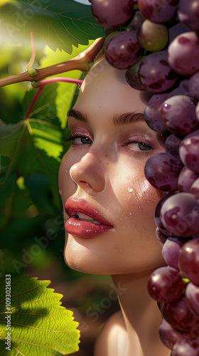 Radiant Beauty Model with Glowing Skin Using Grape Seed Oil Extract, Surrounded by Grape Seeds and Vineyards in the Background photo