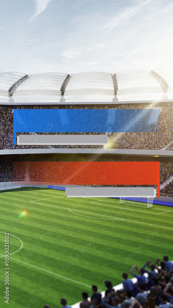 Fototapeta premium Wide-angle image of empty stadium with large, blue and red scoreboard. 3D render of arena packed with fans. Vertical image. Concept of sport, game, tournament, international match, event