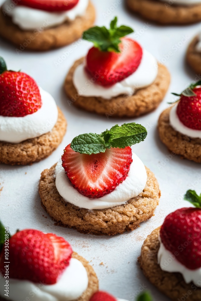 Delicious strawberry topped cookies with creamy frosting and fresh mint leaves at a dessert table Delicious strawberry topped cookies with creamy frosting and fresh mint leaves at a dessert table