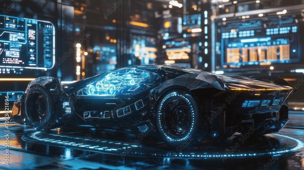 A holographic car model projected in mid-air by a cutting-edge interface, surrounded by futuristic control panels and glowing graphs, cyberpunk-inspired design A holographic car model projected in mid-air by a cutting-edge interface, surrounded by futuristic control panels and glowing graphs, cyberpunk-inspired design