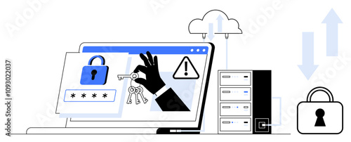 Laptop screen displaying password entry and key illustration, server next to it, cloud with arrows. Ideal for cybersecurity awareness, data protection, online privacy, network security, IT security