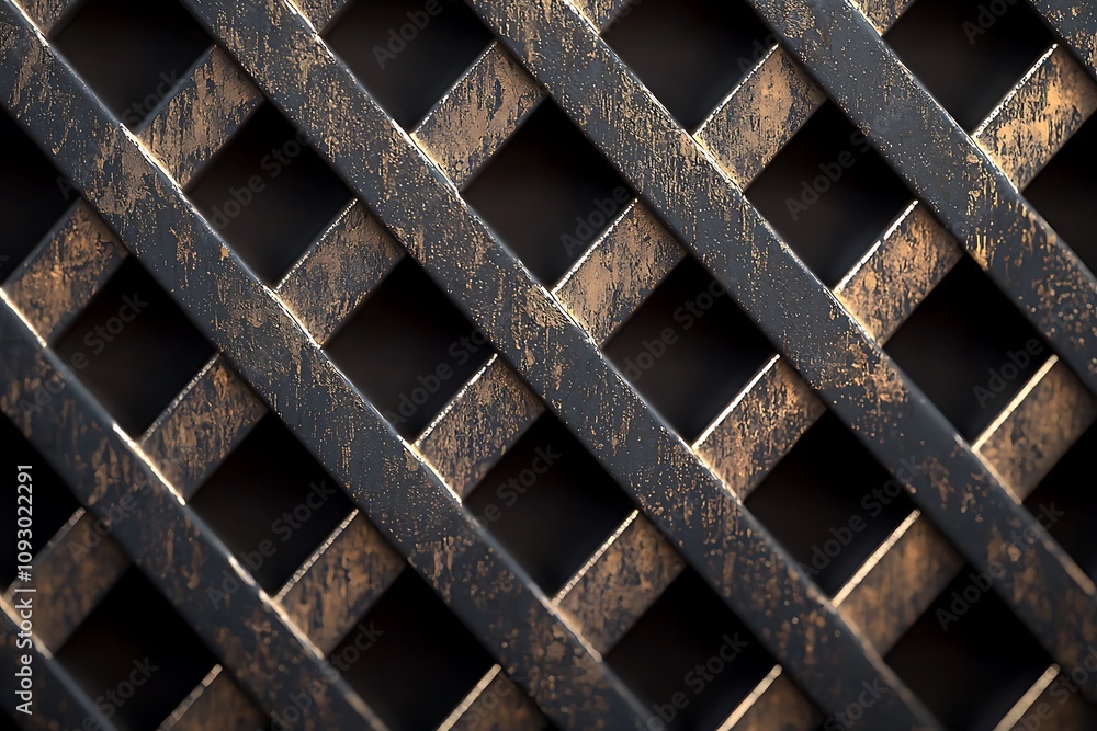 An intricate black lattice structure with a textured surface, highlighting geometric patterns and shadows. An intricate black lattice structure with a textured surface, highlighting geometric patterns and shadows.