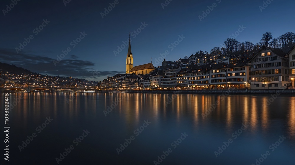 Fototapeta premium Enchanting Nighttime Cityscape of Zurich s Old Town with Church Steeples and the Tranquil River Reflecting the Warm Glow of Illumination