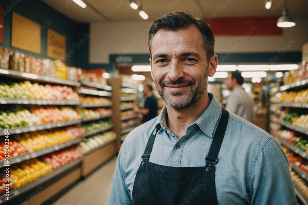 Close portrait of a smiling 40s Serbian male grocer standing and looking at the camera, Serbian grocery store blurred background Close portrait of a smiling 40s Serbian male grocer standing and looking at the camera, Serbian grocery store blurred background