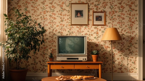 Family living room with crt tv 80s era sitcom cozy environment