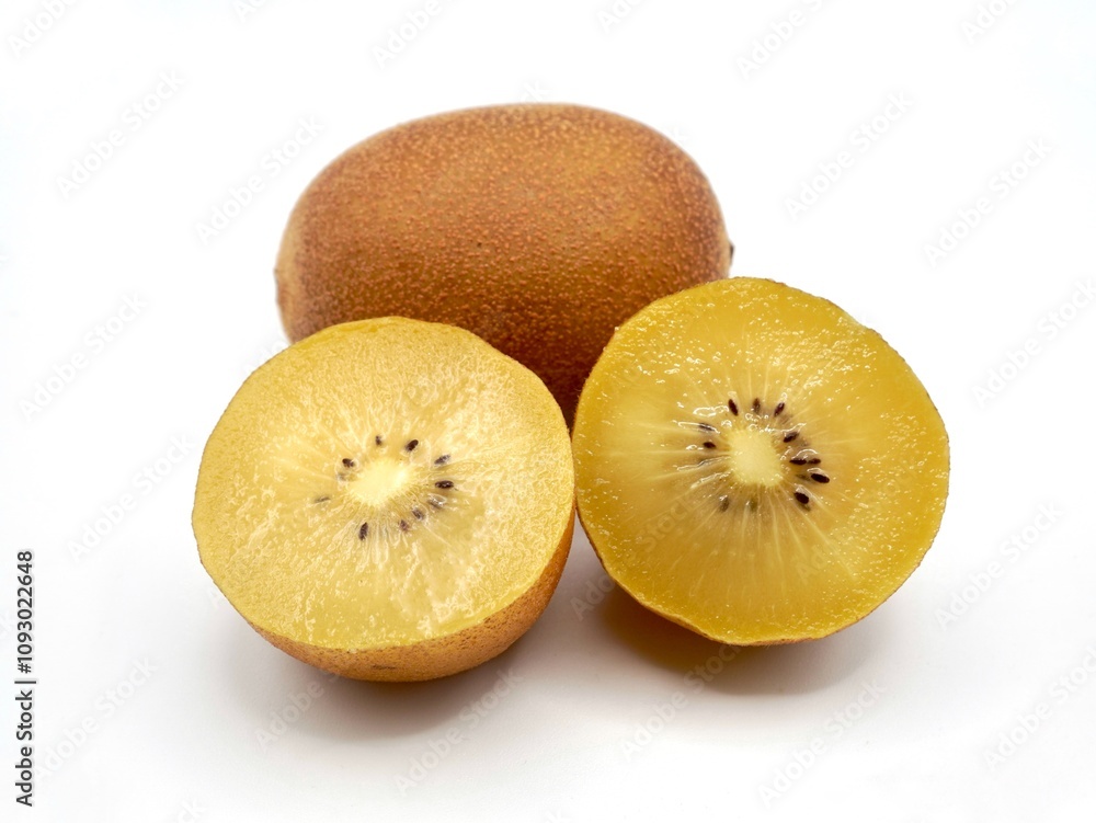 Close up image of sungold kiwi isolated on a white background 