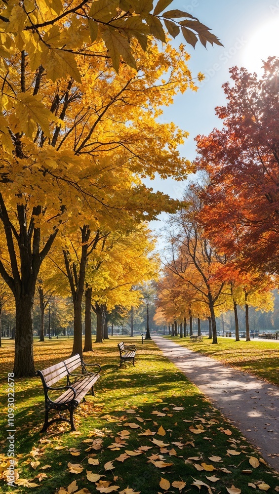 Naklejka premium Anime autumn leaves golden colors peaceful park soft sunlight