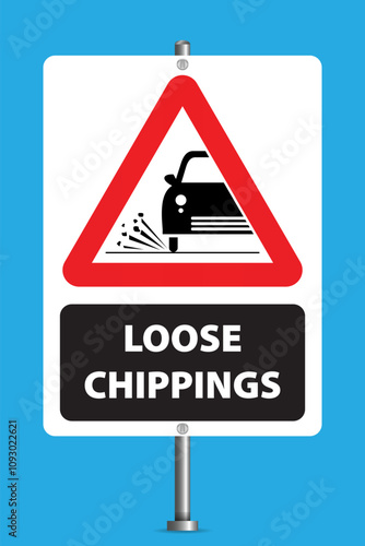Loose Chippings Warning Sign. Loose gravel warning road sign. Traffic safety symbol, slow down. Eps10 vector illustration