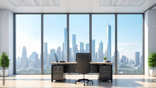 Empty luxury loft office with panoramic city view, modern furniture, and large windows photo