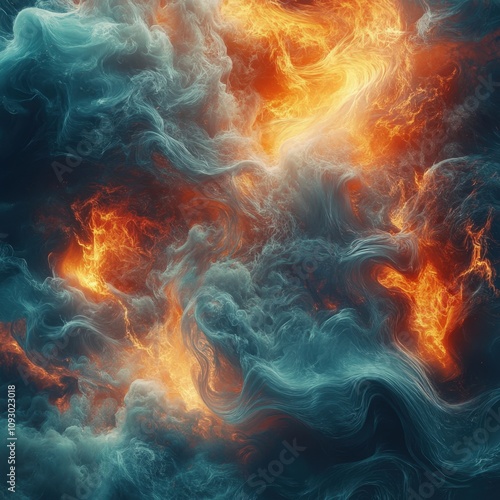 Dynamic swirling patterns of fiery orange and cool blue create an abstract visual that evokes energy and motion, ideal for projects related to creativity, technology, or emotions, photo